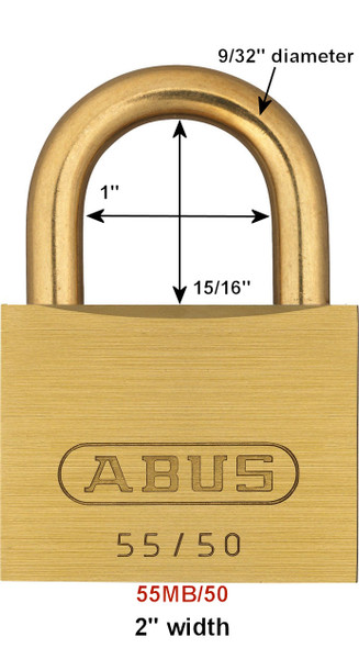 ABUS 55MB/50 Brass Body padlock with brass shackle showing dimensions