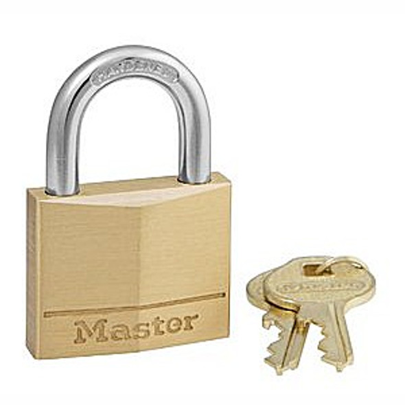 Master Lock 140D Brass Body Padlock shown with 2 keys