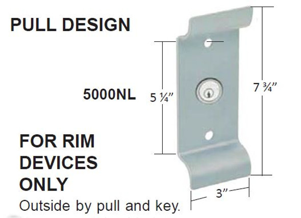 Cal-Royal 5000NL AL Exit Device Keyed Pull Trim with dimensions