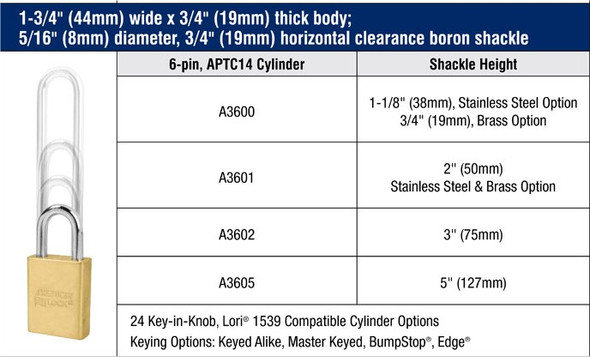 American Lock A3600 Brass Body Padlock options
