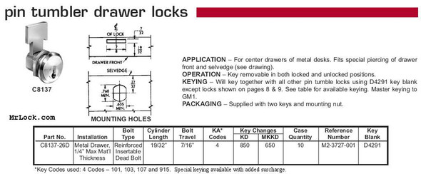 Compx National C8137 Drawer Lock specificaitons