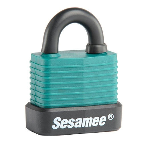 Sesamee K45110 padlock with green weather cover.