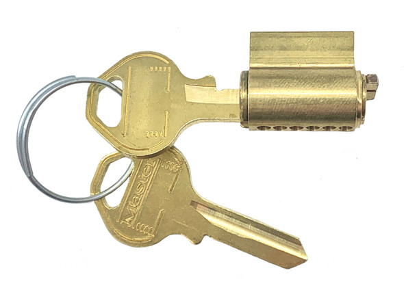 Master Lock 295W27 replacement cylinder shown with two zero-bitted keys