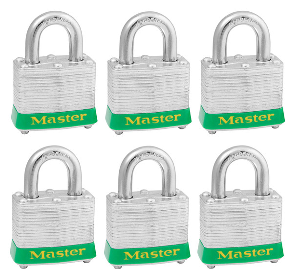 Master Lock 3KAS6GRN Green Bumber padlocks, supplied keyed alike in a set of 6.