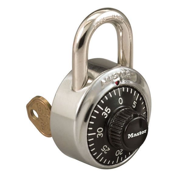 Master Lock 1525 Combination padlock shown with bypass key
