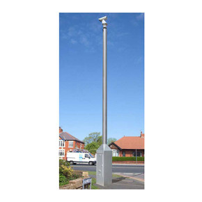 CCTV column, static, steel tubular cabinet base, flange mounted, height 3m - 12m grey tower on street corner