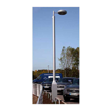 CCTV column, static, steel tubular, slim cabinet base, flange mounted, height 4m - 8m mounted in a car park