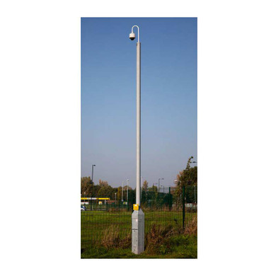 CCTV column, tilt-down, steel tubular, slim cabinet base mounted in a park