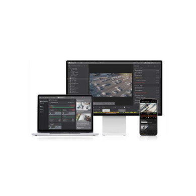 Hanwha Vision BLAZE Hybrid AI Video management software showing on desktop monitor, laptop and mobile device