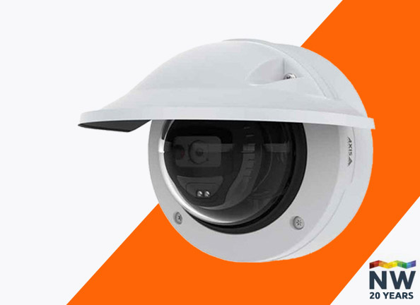 Axis dome CCTV camera on an orange background with NW 20 YEARS logo