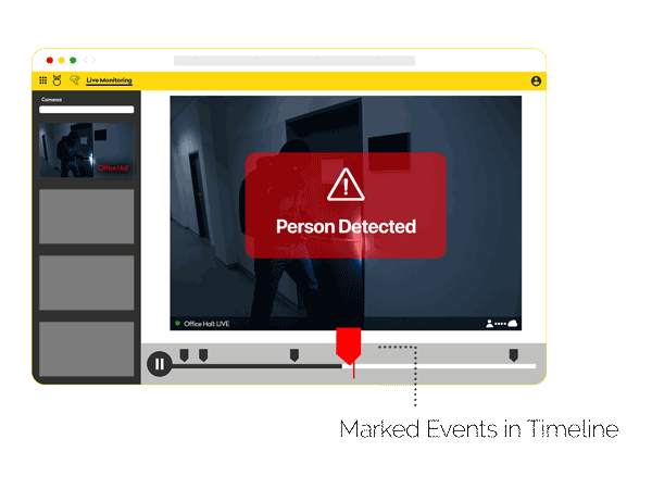 Video analytics application image showing the text "person detected" and the screen of a video management system.