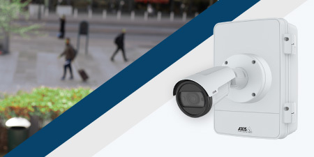 A wireless CCTV camera and back box shown with a branding flash and a people scene