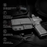 GRITR left hand  holster comes with an optic cut and open bottom to accommodate different red dot sights, threaded barrels, and compensators