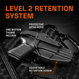 This holster is compatibile with Glock 9mm/.40 double-stack models – including G17 Gen 1-6, G19 Gen 1-6, G19X, G22, G23, G26, G27, G31, G32, G33, G44, G45 Gen 5 & 6, G47 and all their C/V Series versions
