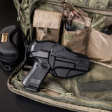 The mid-ride OWB belt attachment fits belts up to 2" wide, providing balanced comfort and accessibility