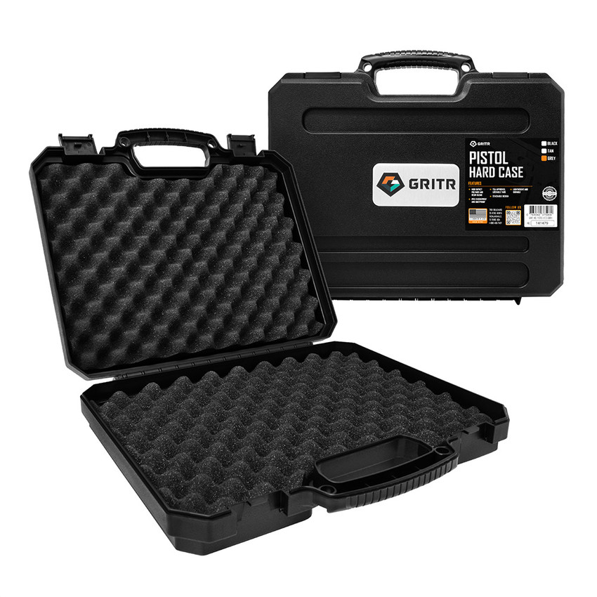 Black hard pistol case by GRITR, displayed on a white background Black hard pistol case by GRITR, displayed on a white background