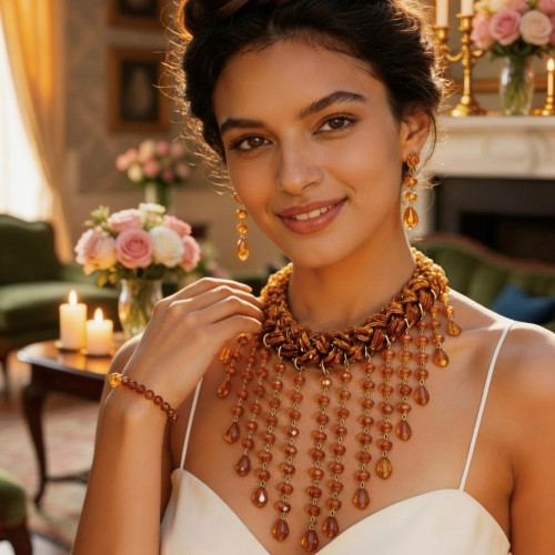Amber Crystal Jewelry Set with Matching Earrings & Bracelet – Hand Braided Bead Neckline