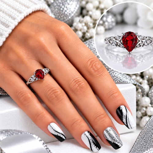 S925 Sterling Silver Ring with Lab-Grown Red Gemstone
