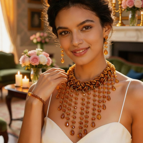 Handcrafted Amber Crystal Necklace Set with Braided Bead Neckline