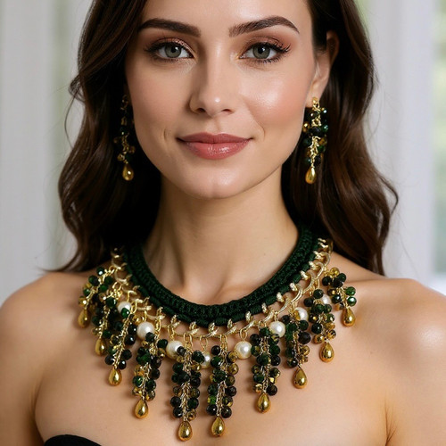 Green Crystal Necklace & Earrings Crochet Neckline