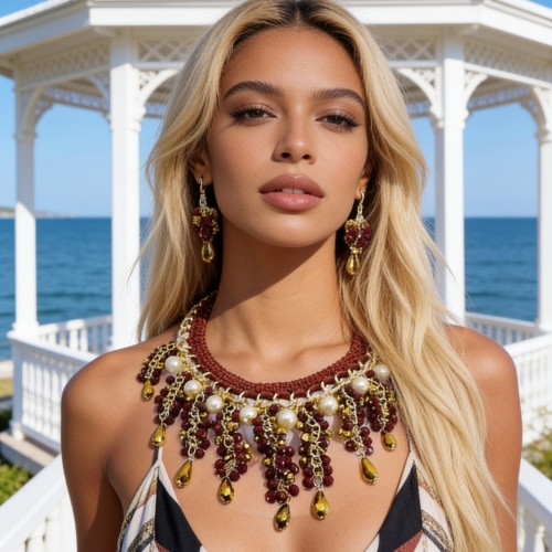 Hand-Crocheted Burgundy Crystal Necklace & Earrings – Handmade Statement Jewelry