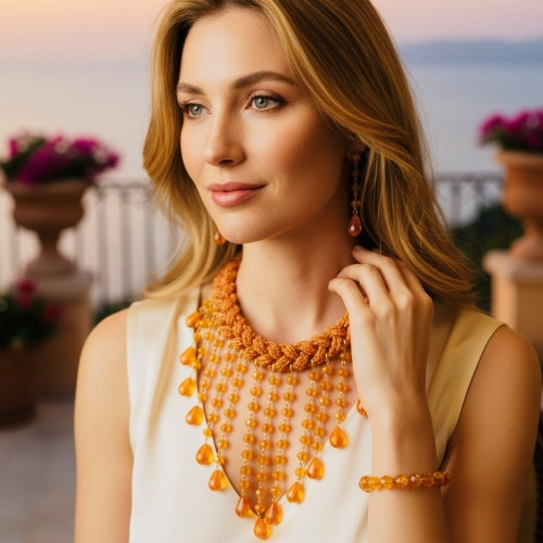Hand-Braided Amber Crystal Necklace & Earrings – Handmade Statement Jewelry