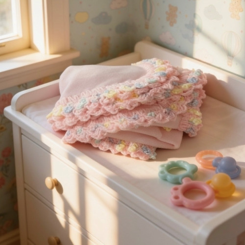 Pink Rainbow Cotton Candy – Polar Fleece Baby Blanket / Country Look / Hand Crocheted Border