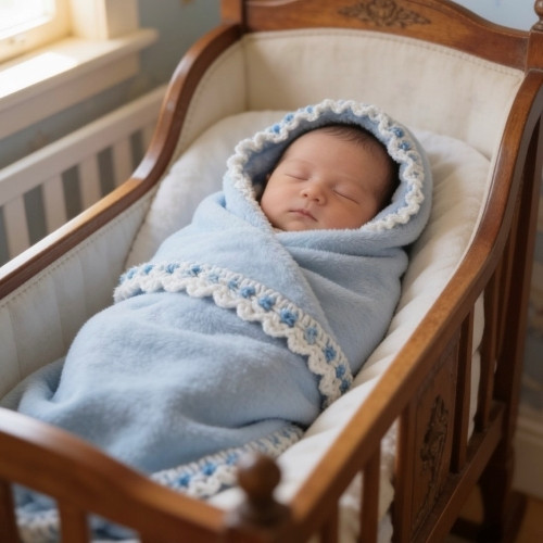 Ice Blue Polar Fleece Baby Blanket/Country Look, Hand Crocheted Border*