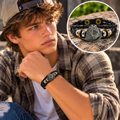 Men’s Black Braided Leather Bracelet with Antique Silver Playing Card Charms