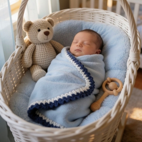 Royal Blue Cupcake Polar Fleece Baby Blanket – French Design Hand-Crocheted Border