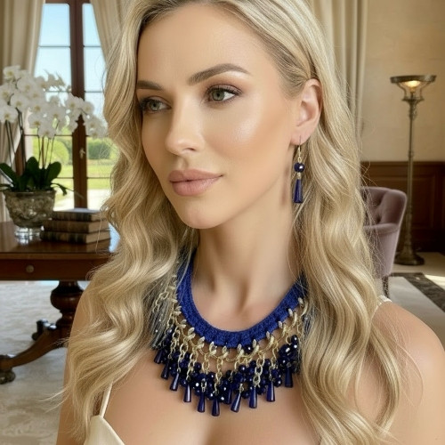 Crystal Necklace & Matching Earrings/Hand Crocheted Collar