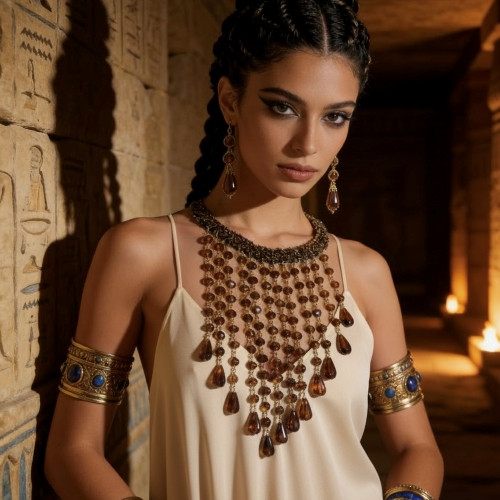 Egyptian Style Swarovski Crystal Necklace Set with Hand-Braided Beaded Neckline
