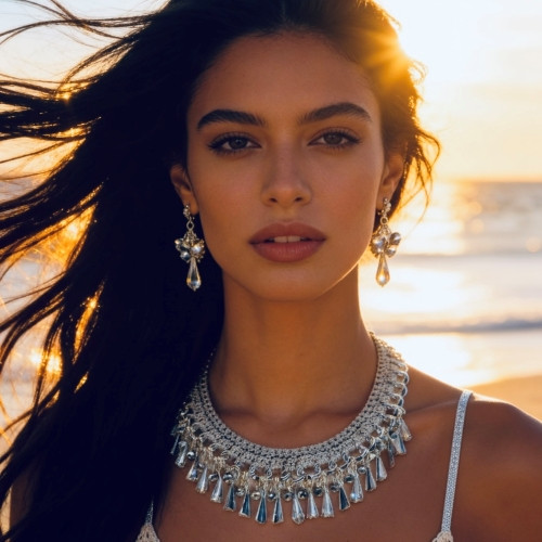 Crystal Necklace & Earrings-Hand Crocheted Neckline