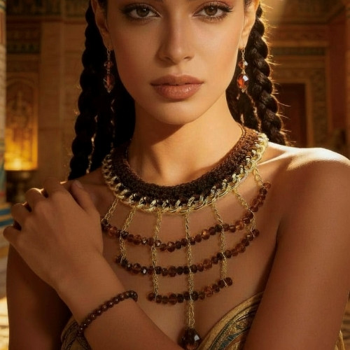 Crystal Egyptian Style Necklace & Earrings/Hand Crocheted Neckline