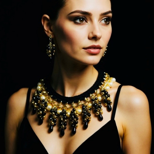 Crystal Necklace, Earrings and Hand Crocheted Neckline