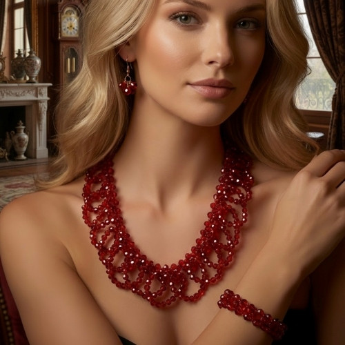  Red Crystal Set Matching Earrings & Bracelet/Hand Designed