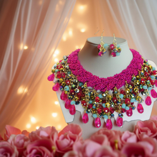 Crystal Necklace with Matching Earrings, Hand Crocheted Neckline