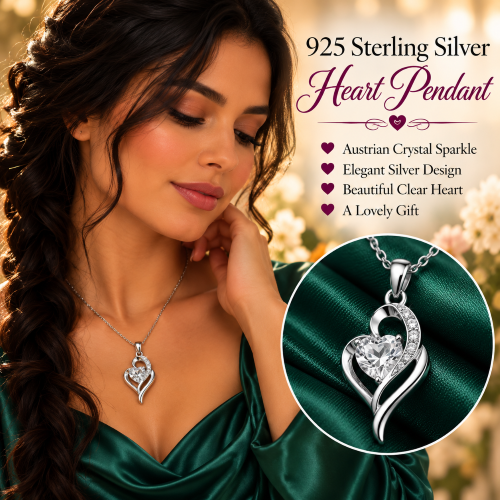 925 Sterling Silver Heart Pendant Necklace with Austrian Crystal