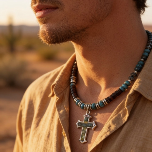 One-of-a-Kind Men’s Natural Stone Cross Necklace –Artisan Made
