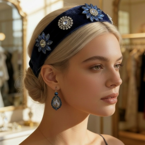 One-of-a-Kind Dark Blue Crystal Headband & Matching Earrings Set