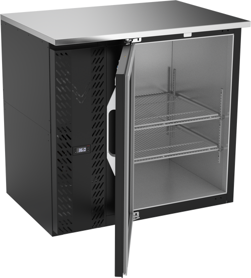 VBBN36HC-FG-B | 36" Narrow Depth Glass Door Food Rated Back Bar in Black
