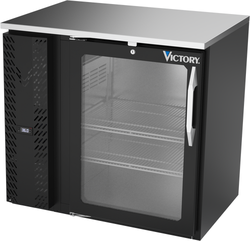 VBBN36HC-FG-B | 36" Narrow Depth Glass Door Food Rated Back Bar in Black