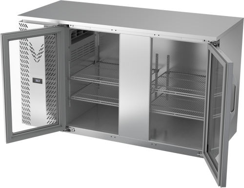 VBBN58HC-FG-S | 58" Narrow Depth Glass Doors Food Rated Back Bar in Stainless Steel