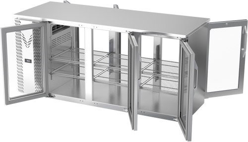 VBBN72HC-FG-PT-S | 72" Narrow Depth Glass Doors Food Rated Pass-thru Back Bar in Stainless Steel