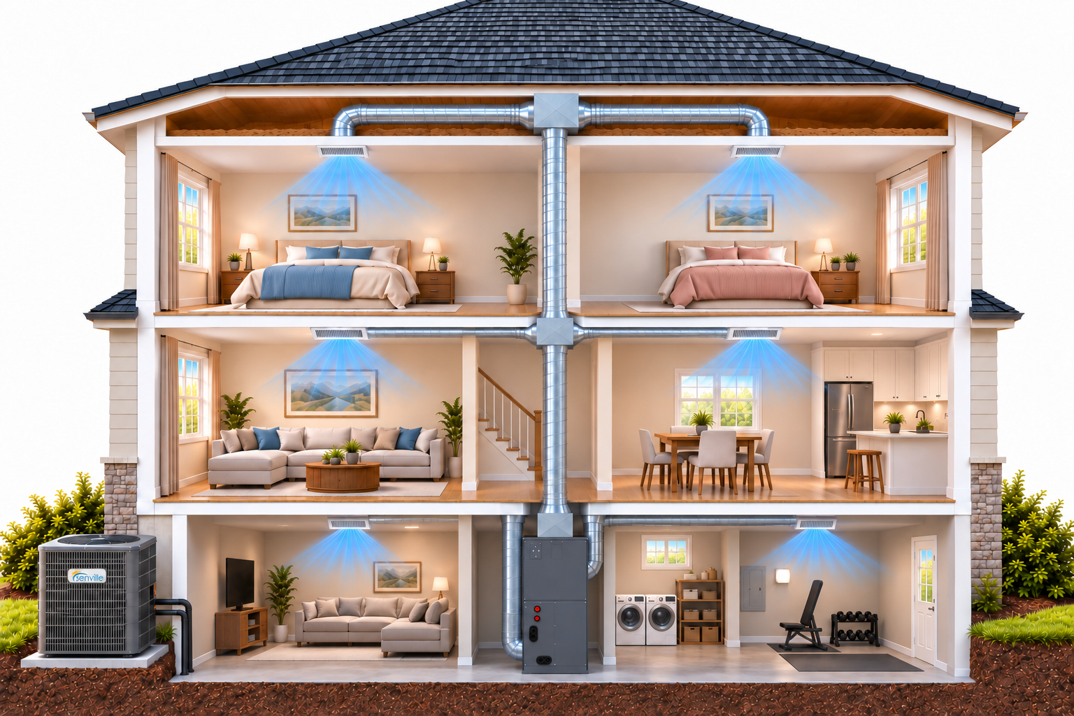 Cutaway view of a home with a compact top-discharge Senville central heat-pump system