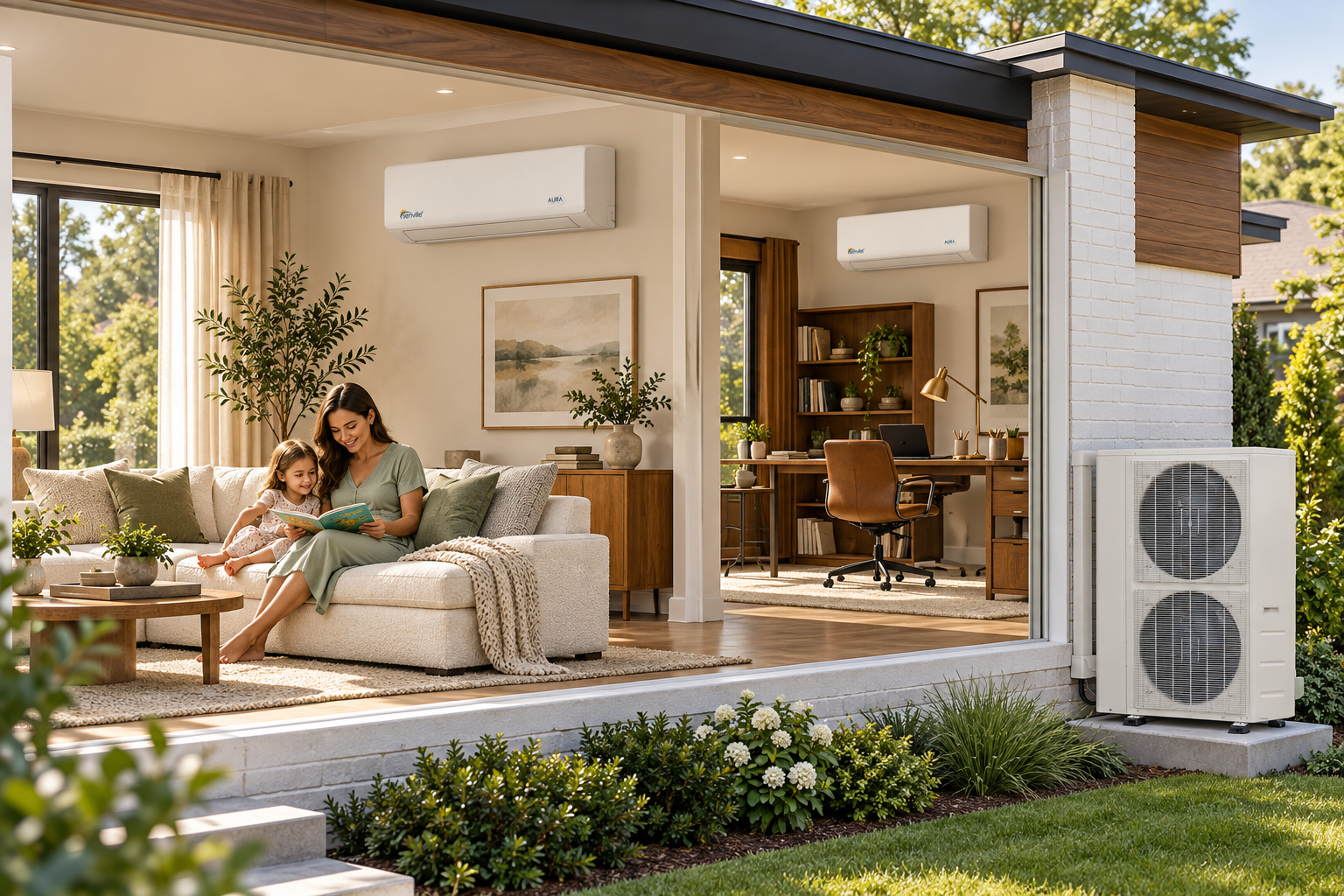 Senville AURA dual-zone system with two indoor units and one outdoor heat-pump unit