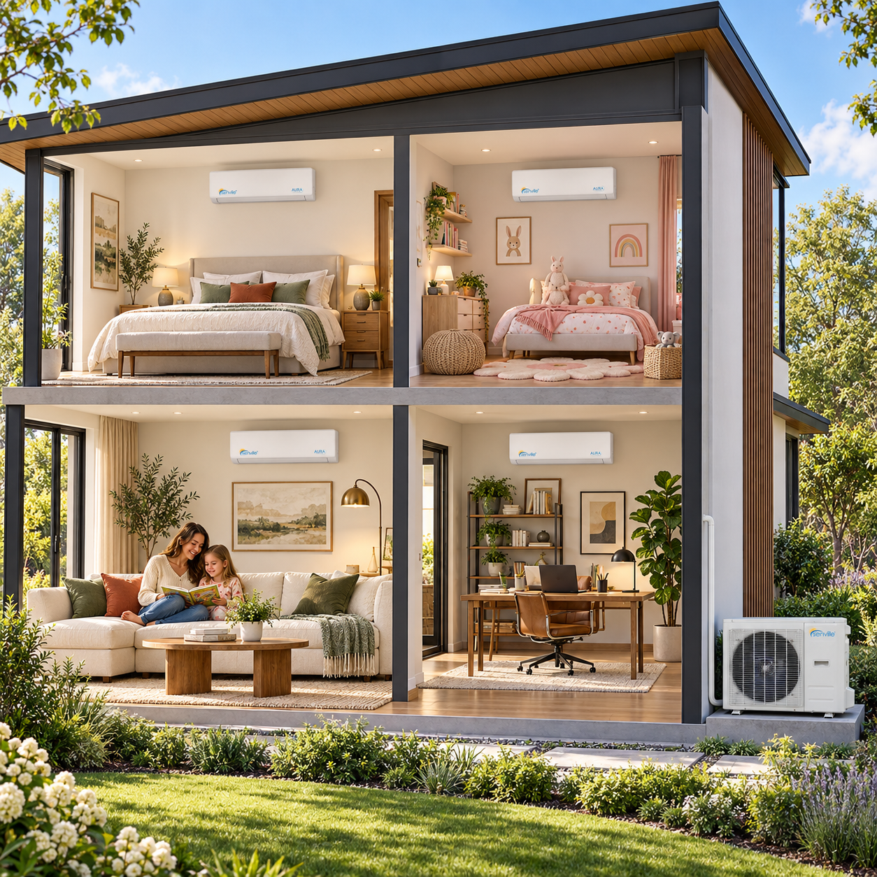 Senville AURA quad-zone mini split system with four indoor units and one outdoor unit