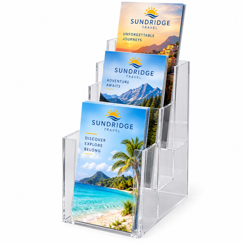 Clear acrylic 3-tier brochure holder with three pockets for 4x9 tri-fold brochures, countertop display