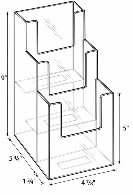 4x9 three-pocket tiered brochure holder holding tri-fold brochures, side view