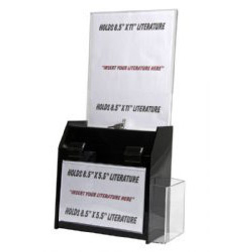 9.5x5x10 Deluxe Locking Black Plastic Ballot Box with Header and Ad Frame 9.5x5x10 Deluxe Locking Black Plastic Ballot Box with Header and Ad Frame